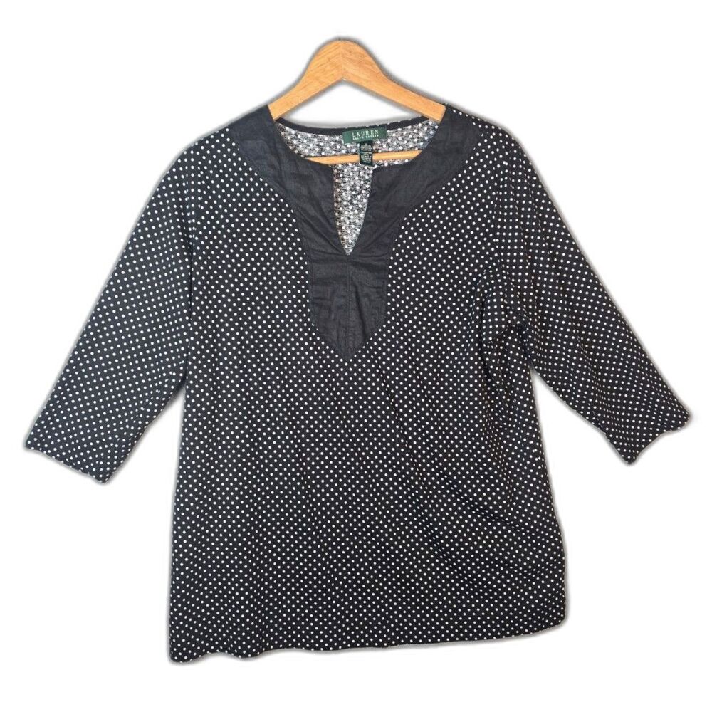 Lauren Ralph Lauren Blouse 1X Black White Polka Dot Cotton V Neck Top